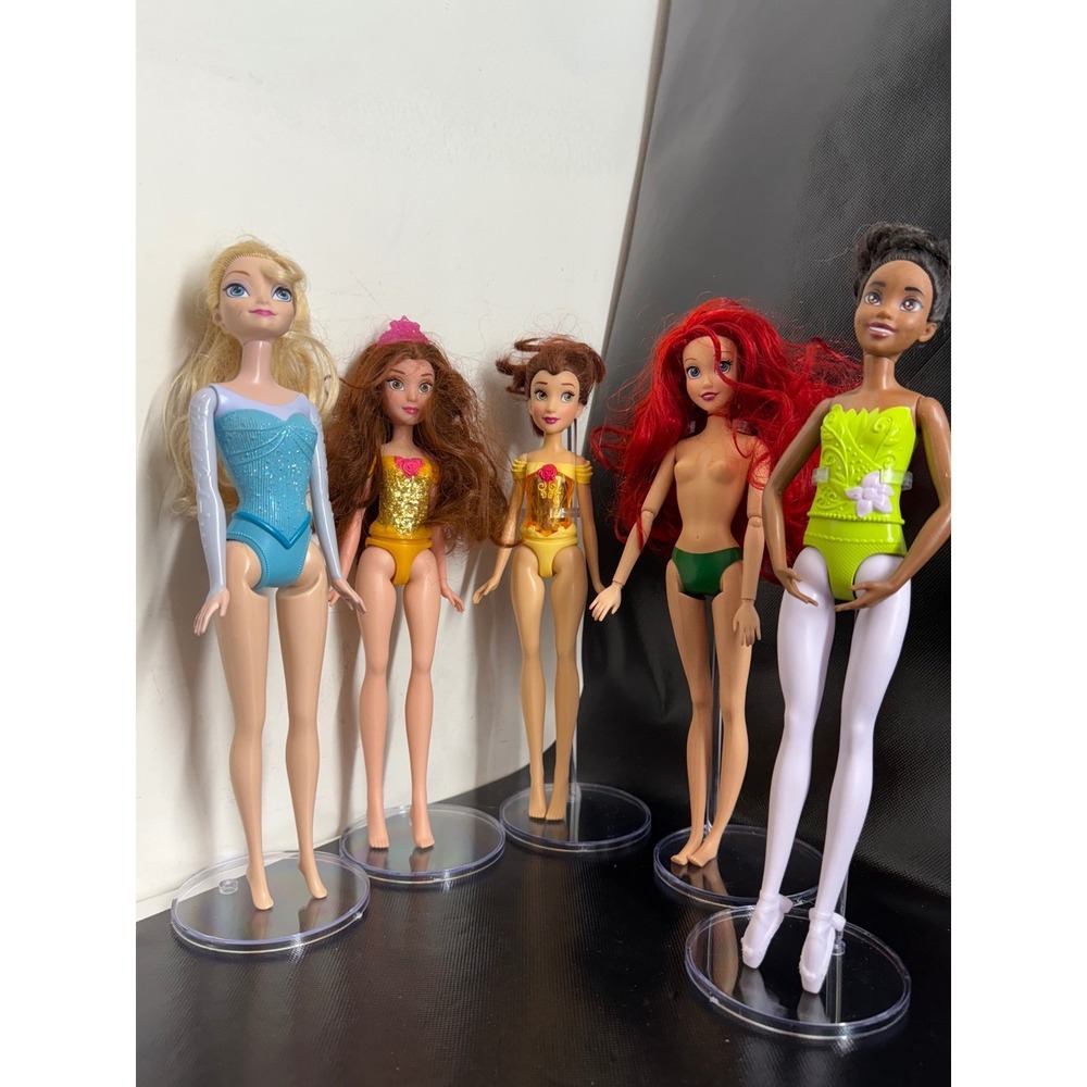 Disney Princess Dolls Bundle Lot Elsa Ariel Belle Tiana Gymnastics Leotards